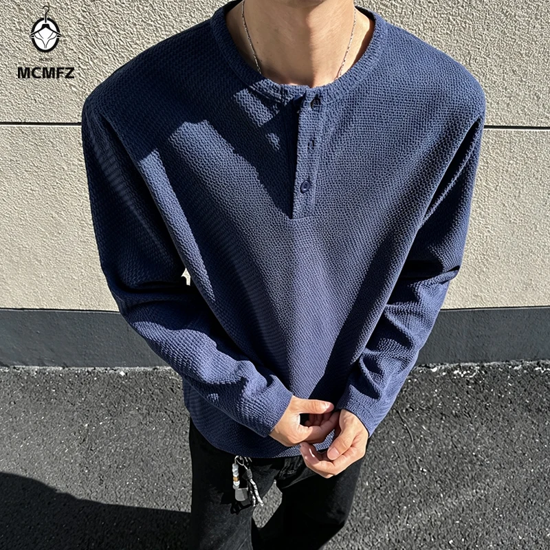 Mens Henley Neck Long Sleeve Waffle Knit Shirt Three Button Notch Soft Handfeel Top For Autumn Daily Wear
