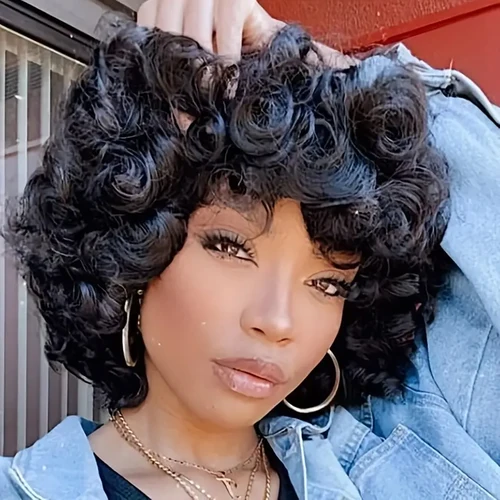 Imagen 2 del producto Pelucas de cabello humano rizado de huevo corto, peluca de corte Pixie, cabello brasileño hecho a máquina para mujeres, línea de cabello prearrancada, estilo Bob listo para usar