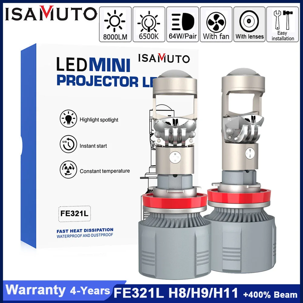 

ISAMUTO FE321L H8 H9 H11 Фара с мини-объективом проектора 9-36 В 64 Вт 6500 К 8000 лм Белая автомобильная светодиодная лампа + 400% яркости (пара)