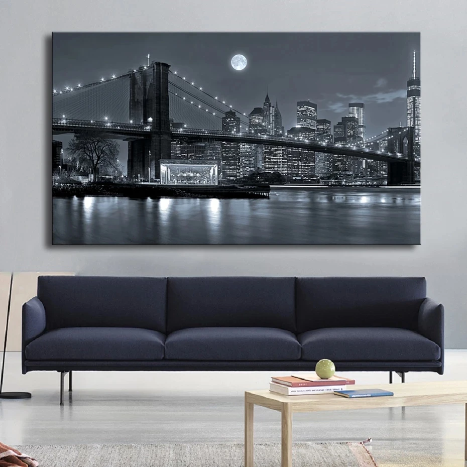 Czarno-biały nowy jork Manhattan krajobraz z mostem plakat Brooklyn Bridge noc płótno malarstwo salon ściany Home Decor