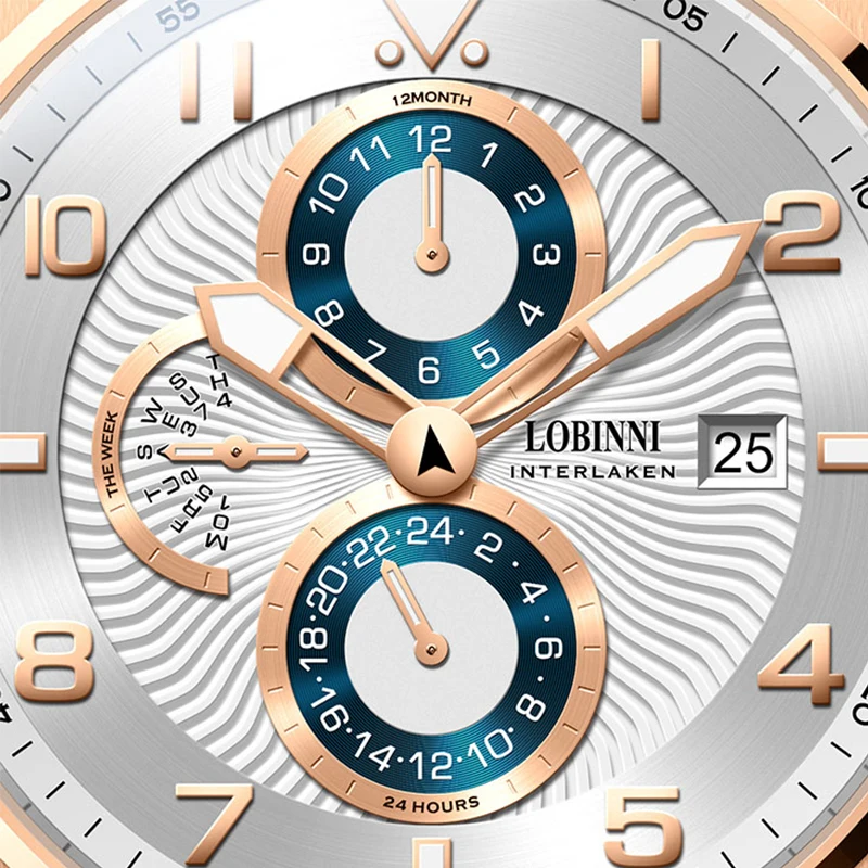 LOBINNI 16053 Men's Mechanical Watch JHB10 Automatic Movement with Date Day Month 24H Display Luminescent Waterproof Wristwatch