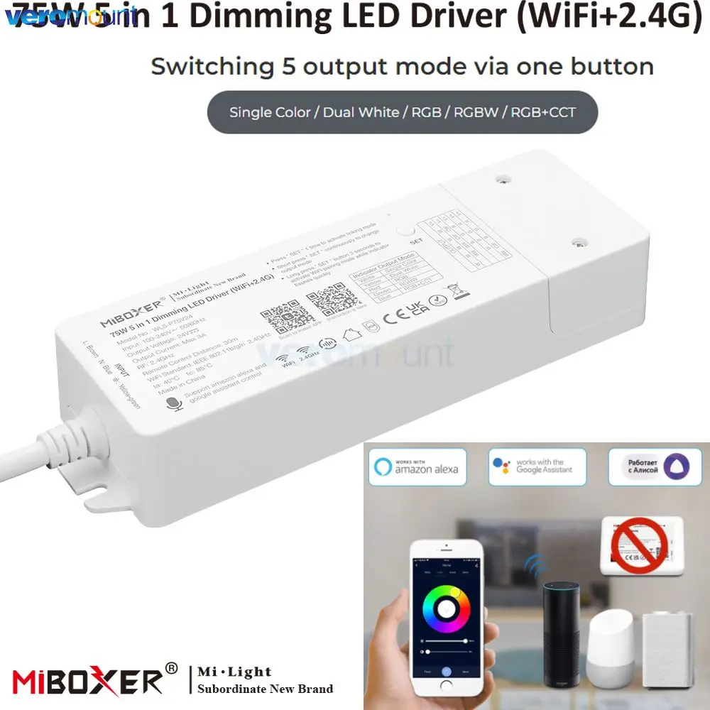 MiBoxer AC 110V 220V to DC 24V 75W WiFi 2.4G Remote Control Dimming LED Driver Single Color/Dual White/RGB/RGBW/RGBCCT LED Strip