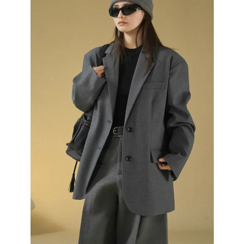 

Casual Blogger Style Blazers Spring Parisian Simple Silhouette Wide Shoulder Suits Loose Slimming Women Single-breasted Coats