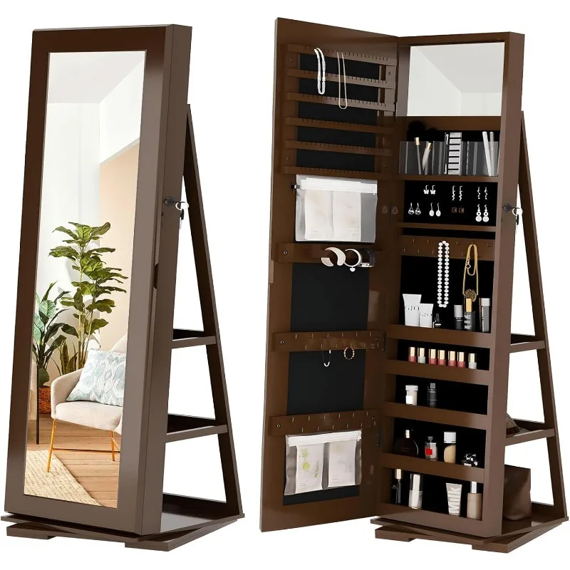 360° Swivel Jewelry Mirror Cabinet with Back Storage Shelves, Full Length Mirror with Jewelry Storage, Standing Rotating Jewelry