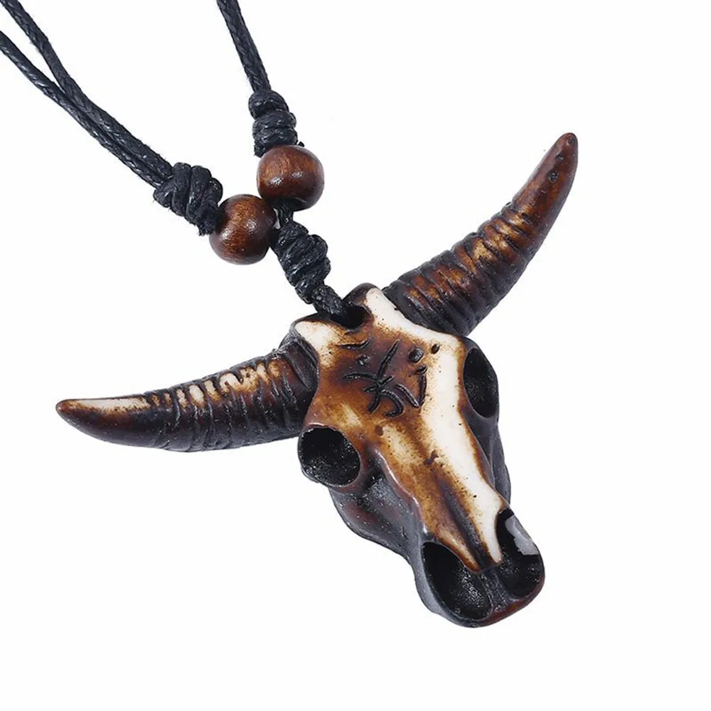 Vintage Resin Cow Head Necklace With Rosary Hand Braided Black Rope Minority Tourist Area Jewellery Tribal Style Necklace Gifts