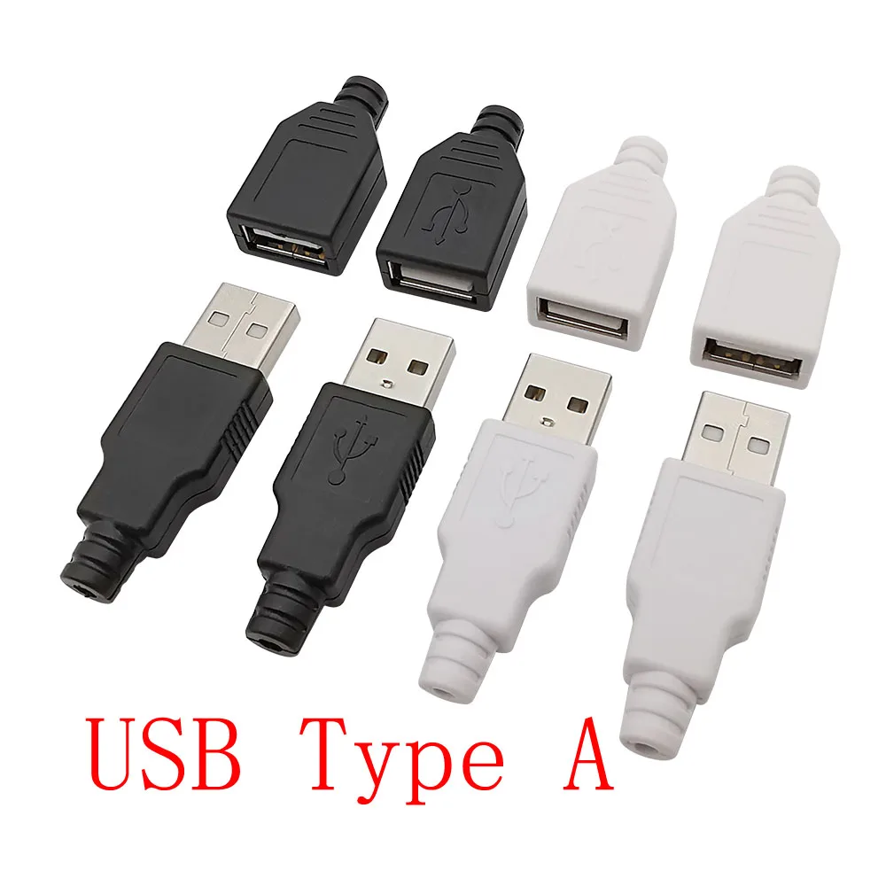 USB tipo A macho tomada fêmea, 4 pinos conector com tampa de plástico preto ou branco, DIY montagem solda Kits, 5pcs