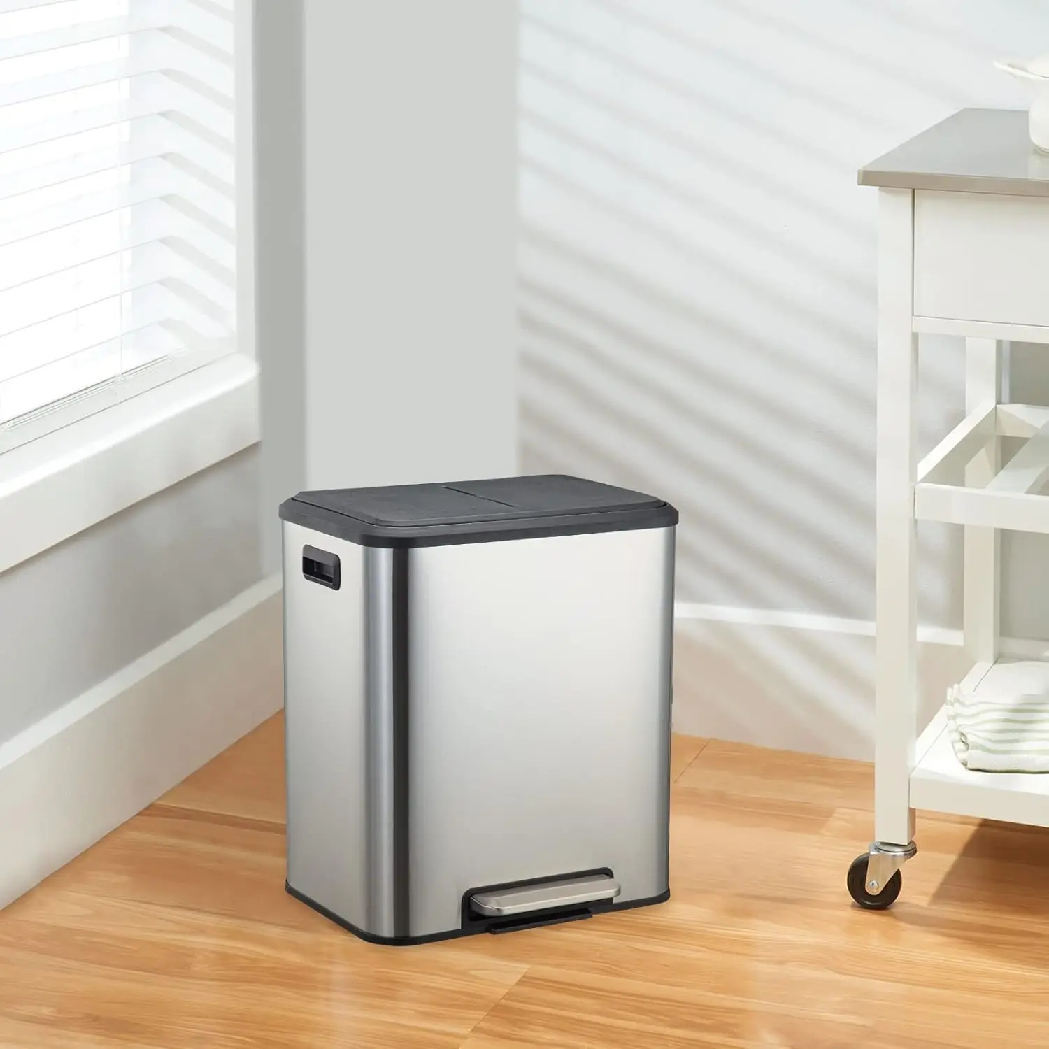 سلة المهملات الفضية المستطيلة المصنوعة من الفولاذ المقاوم للصدأ 2 × 4 جالون (2 × 15 لتر) سلة المهملات الفولاذية مع غطاء ودلو داخلي