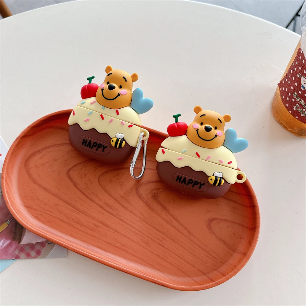 3D Cake Winnie the Pooh Case for AirPods 4 Airpod 4 3 2 Pro Pro2 Bluetooth Earbuds Charging Box Protective Earphone Case Cover