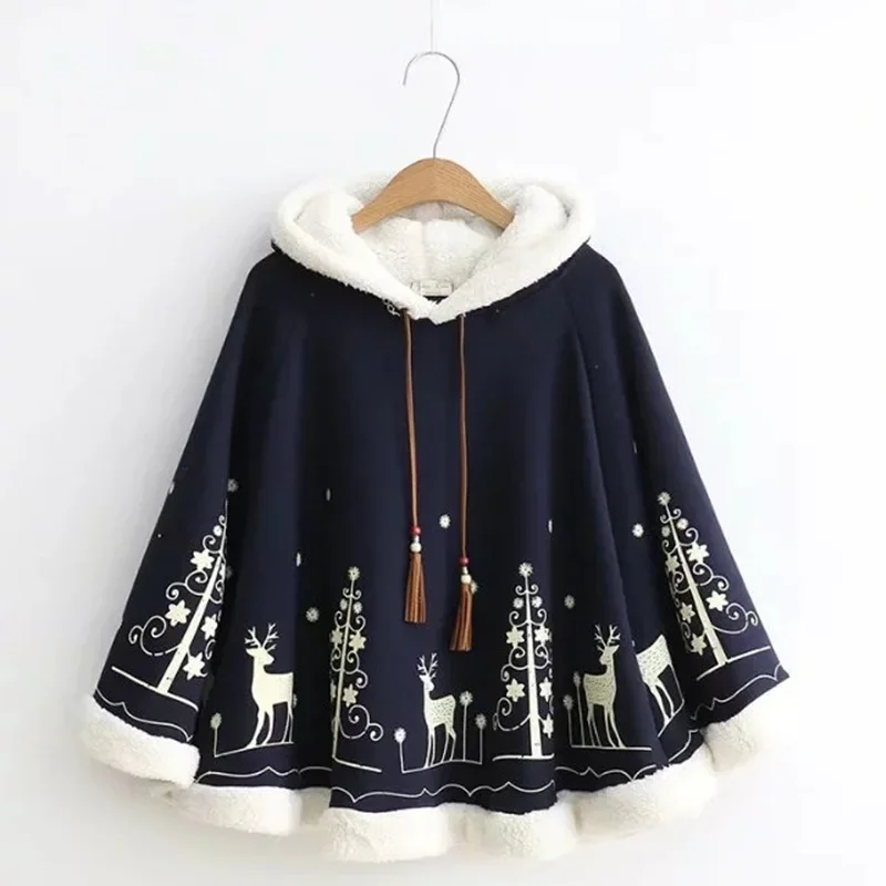 Lolita Cloak Harajuku Hoodies Cloak Japanese Angry Cat Christmas Deer Fleece Cape Loose Pullover Batwing Sleeve Coat Sweatshirt