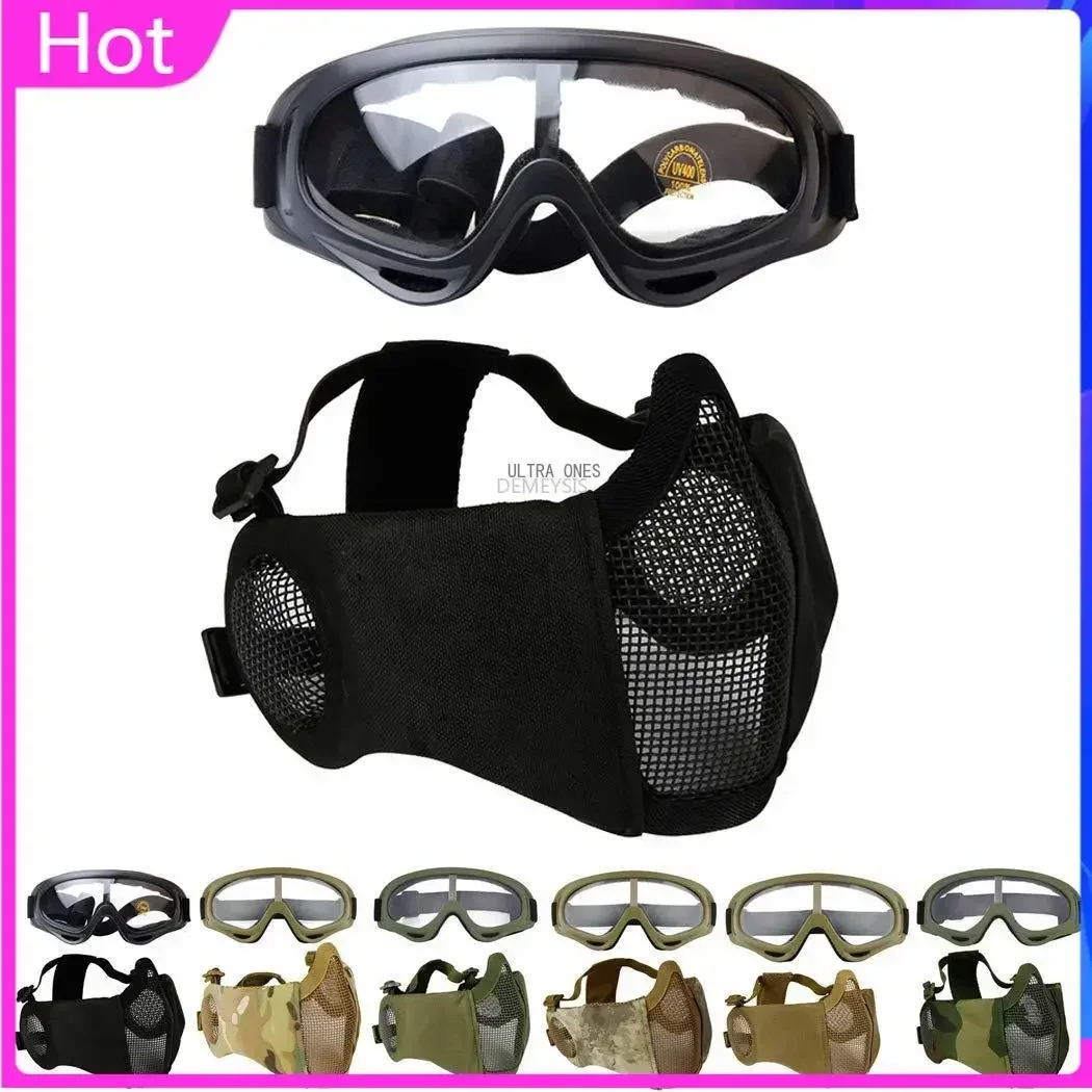 Mask with Goggles Tactical Breathable Half Face Airsoft Cs Game Training Shooting Protective Camouflage Masks