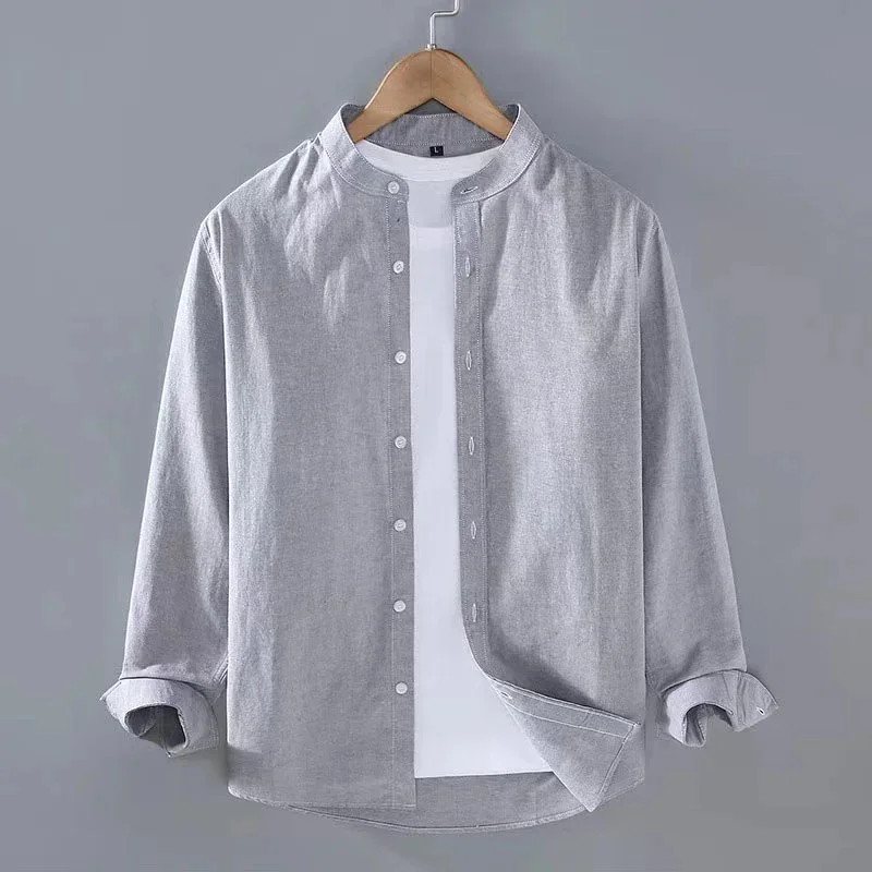 Camisa de lino para hombre, camisa de manga larga con cuello levantado, suave, cómoda, Simple, Color sólido, blanco y negro, primavera y verano, 2024