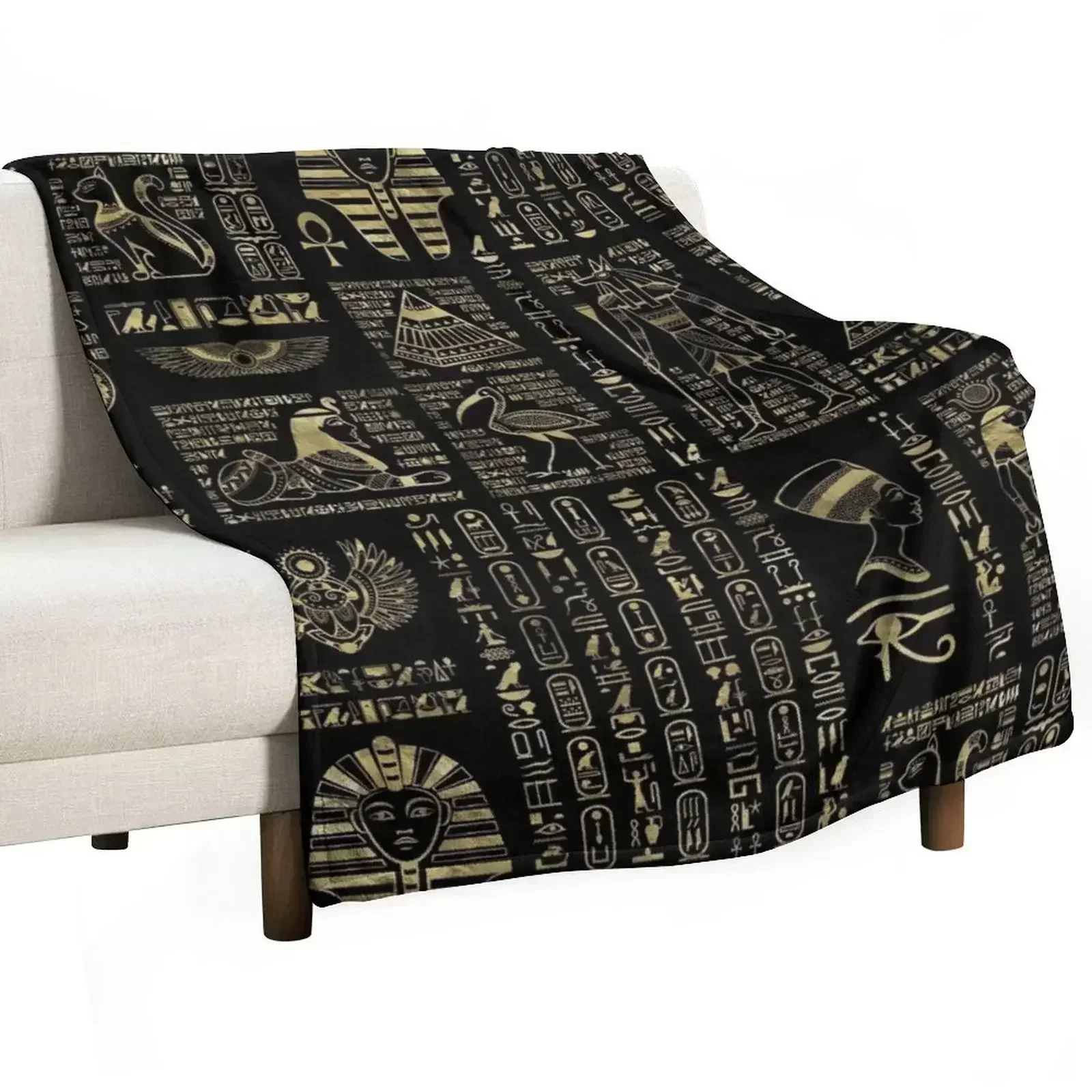 

Egyptian hieroglyphs and deities gold on black Throw Blanket Travel Thin Blankets