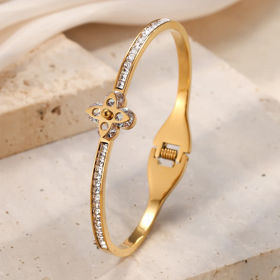 Htpwe الفولاذ المقاوم للصدأ أربع أوراق البرسيم مطعمة الزركونيوم زهرة سوار المرأة مطلي 18 كيلو الذهب زوجين عطلة سوار مجوهرات #5