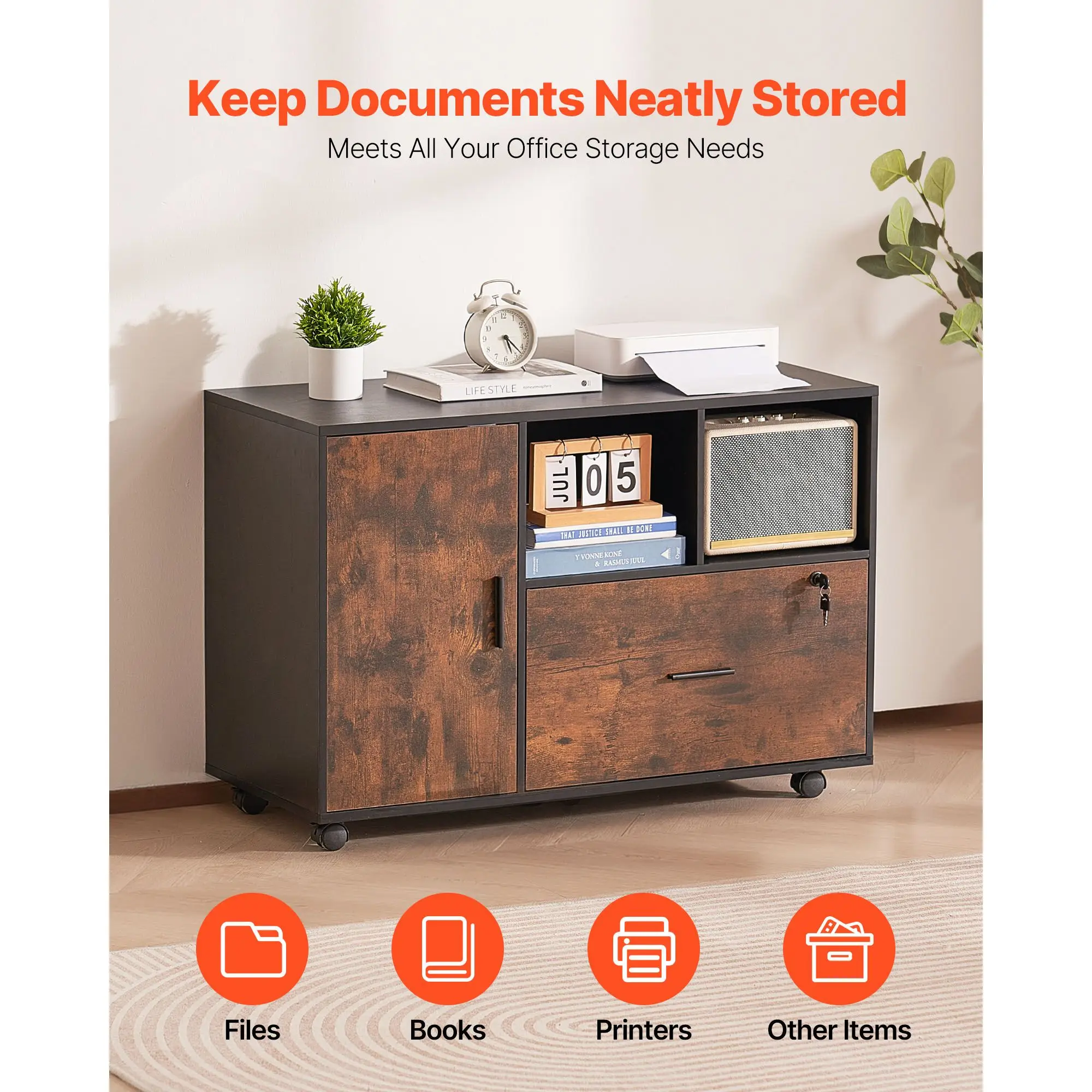 Wood File Cabinet, Mobile Filing Cabinet with Open Shelves, Lockable Lateral Rolling File Storage with Adjustable Shelves, Free