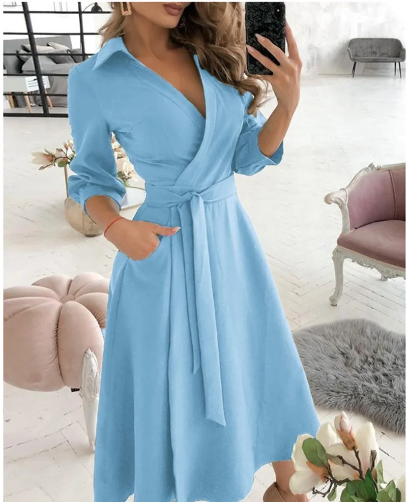 2024 Women\'s Spring/Summer Leisure Solid Color Fashion Long sleeved V-neck Printed Wrapped Hip Dress