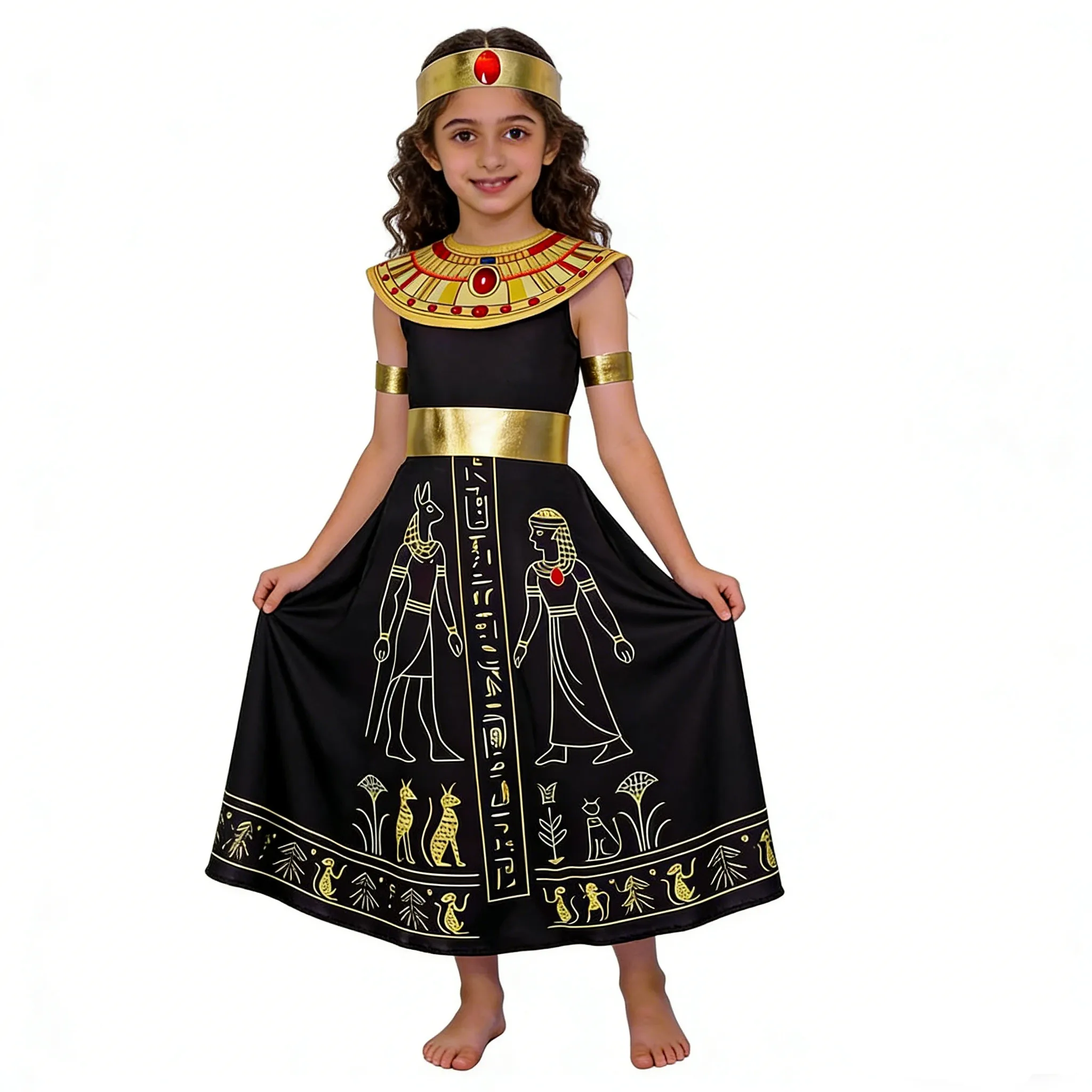 Disfraz de Cleopatra para niñas, vestido de princesa egipcia para Halloween, vestido sin mangas con accesorios para el cuello, cinturón, bandas para las muñecas y diadema