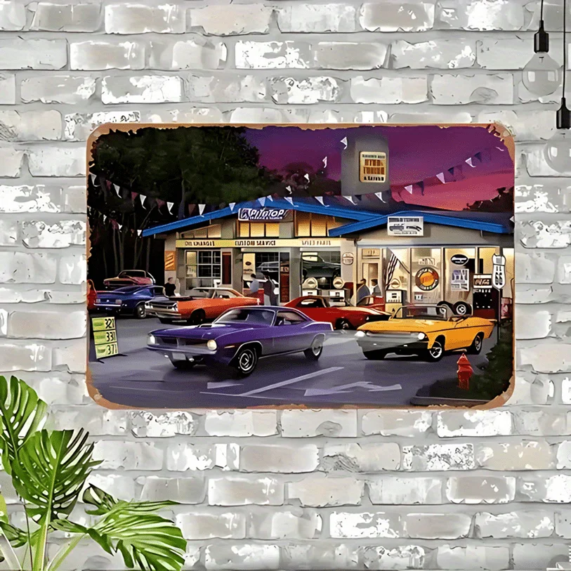 2D plano, 1 pieza, arte de pared de metal para gasolinera de coche vintage, 20,07x30,23 cm, letrero de estaño retro sin marco con escena de puesta de sol de coches clásicos