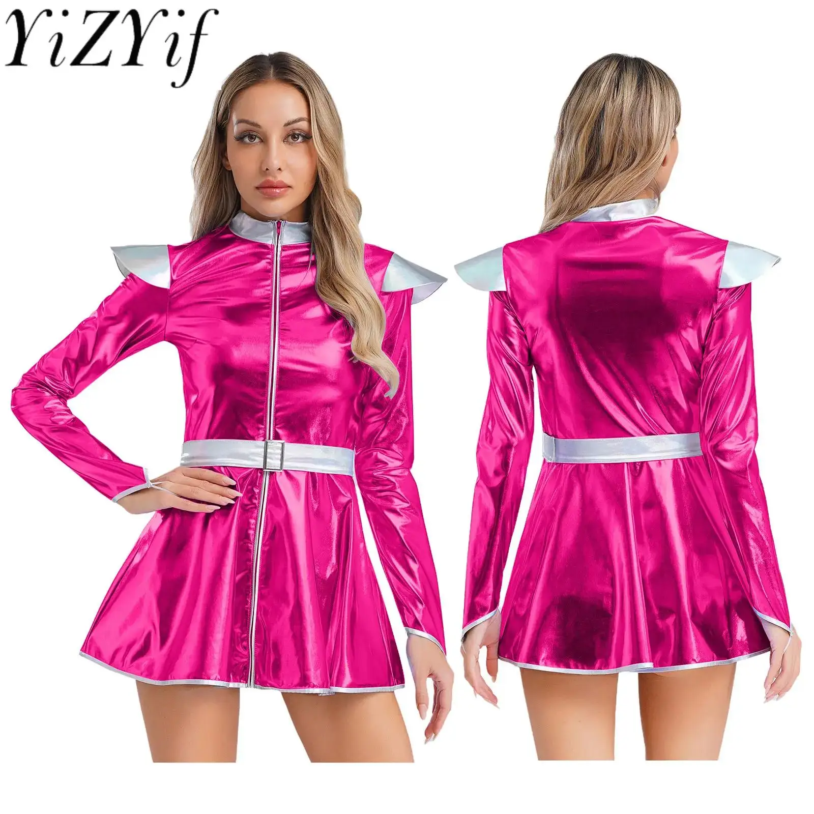 

Women Shiny A-line Mini Dress for Alien Halloween Party Cosplay Performance Fancy Costume Metallic Outer Space Role Play Outfits