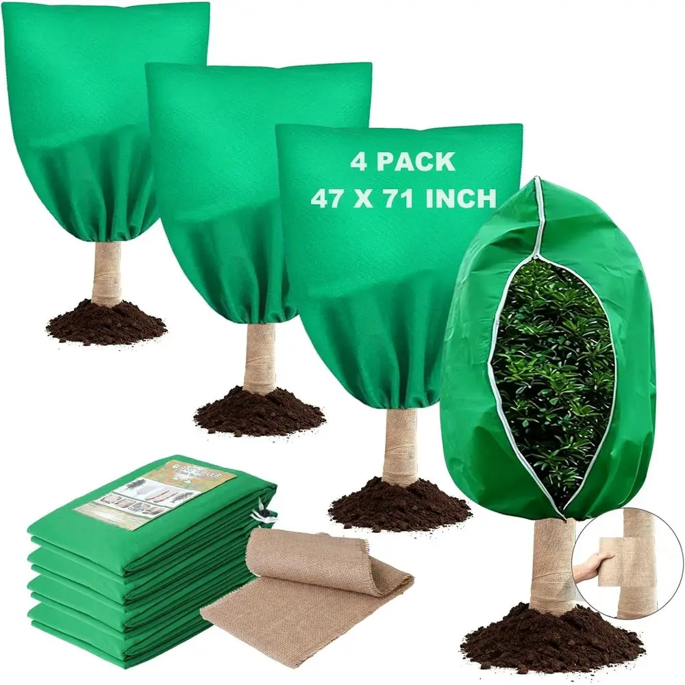 

4 Pack 47 x 71 Inch Plant Covers reeze Protection, rost Cloth Plant reeze Protection with Burlap Tree Wrap, Reusable Breathable
