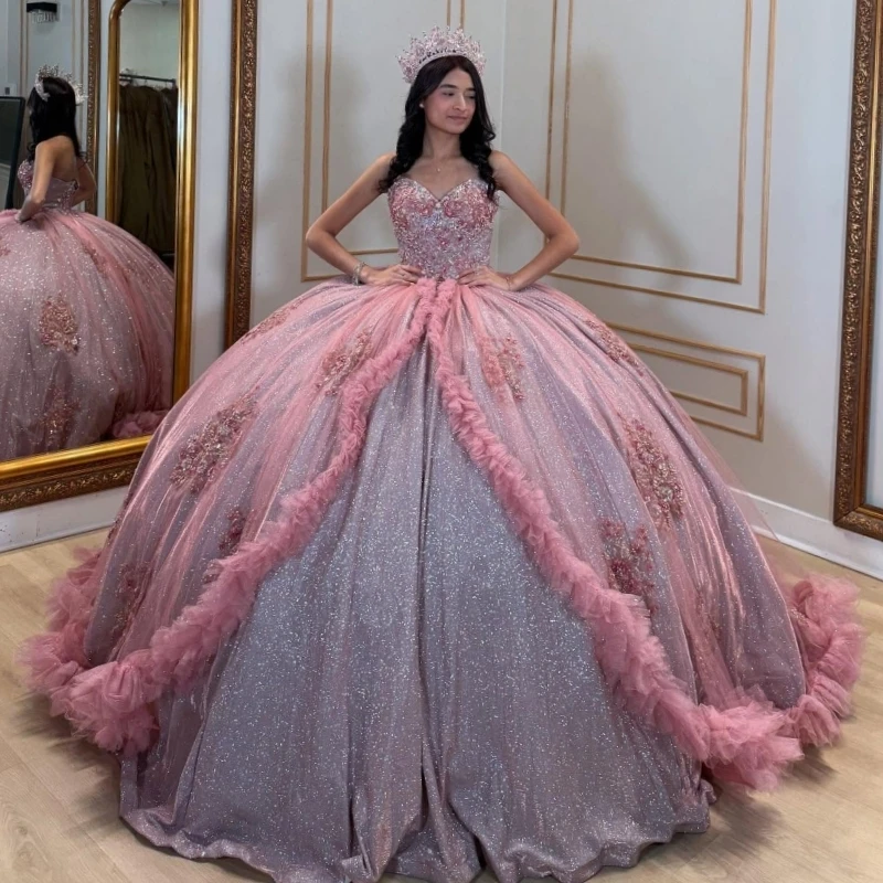 Pink Shiny Quinceanera Dresses Ball Gown Off The Shoulder Applique Lace Beading Crystal Tiered Tull Sweet 16 Dress Vestidos 15
