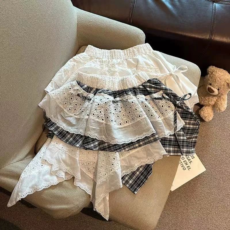 

Japanese Y2K Patchwork Skirt Women Summer Sweet Lolita Lace Up Mini Skirts Fashion High Waist Irregular Female A Line Skirts
