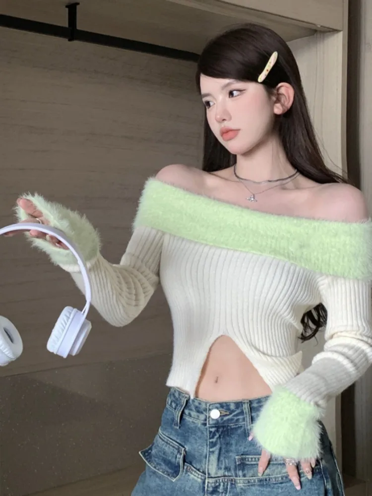 Slash Neck Pullovers Women Furry Autumn Slit Fluffy Patchwork Cropped Knitted Sweater All-match Sexy Hot Girls Soft Slim Casual