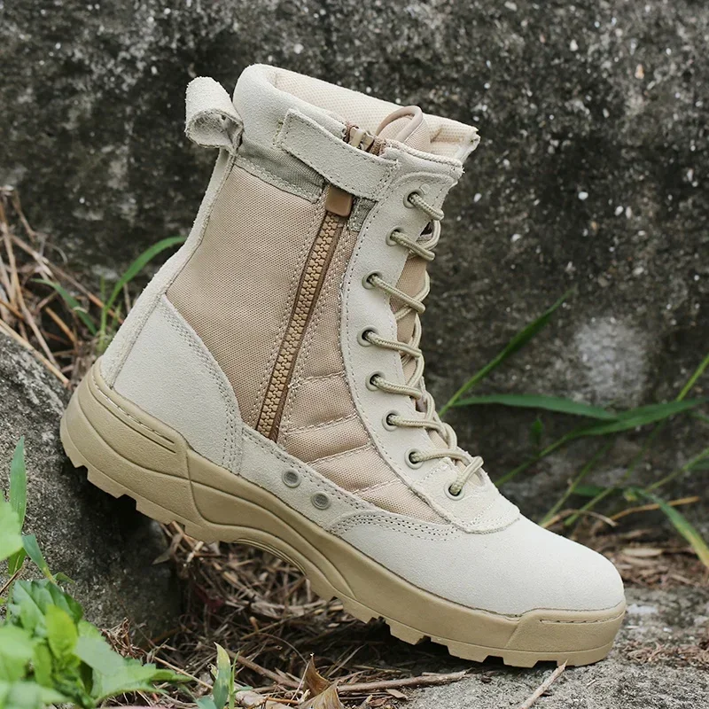 Botas táticas masculinas de malha de couro respirável alta superior casual sapatos de trabalho no deserto masculino swat tornozelo bota de combate