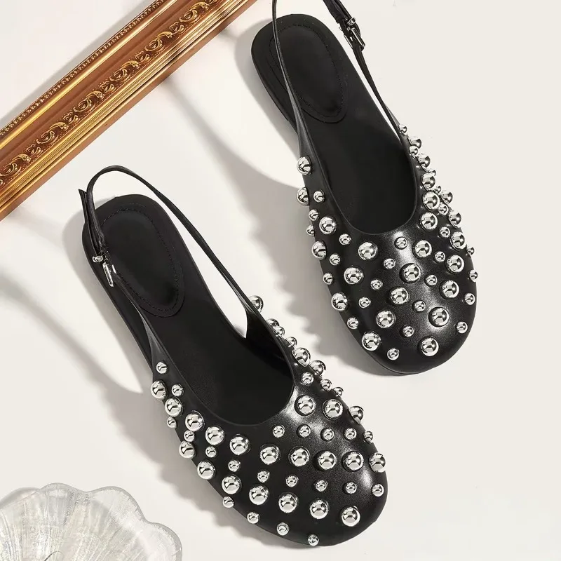 

Роскошные туфли на плоской подошве с заклепками золотого и серебряного цвета с круглой головкой, новые модные женские летние сандалии Baotou для отдыха