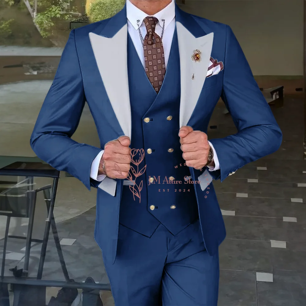 Formal Men Suits 3-piece in Grey Tuxedo Slim Fit Groom White Peak Lapel Blazer Vest Pants Sets for Wedding Banquet Dinner Party