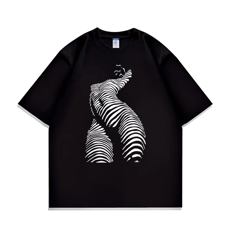 Nueva camiseta holgada de verano para hombre, camiseta pesada americana con personaje de arte lineal, ropa de calle de tendencia de moda, Harajuku Unisex