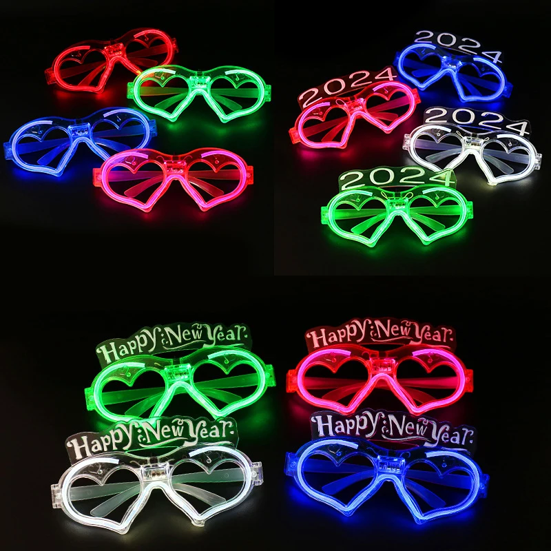 2024 New LED Light-emitting Loving Glasses Happy New Year Party Flash Glasses Toys Dress Up Props Multiple Styles Available