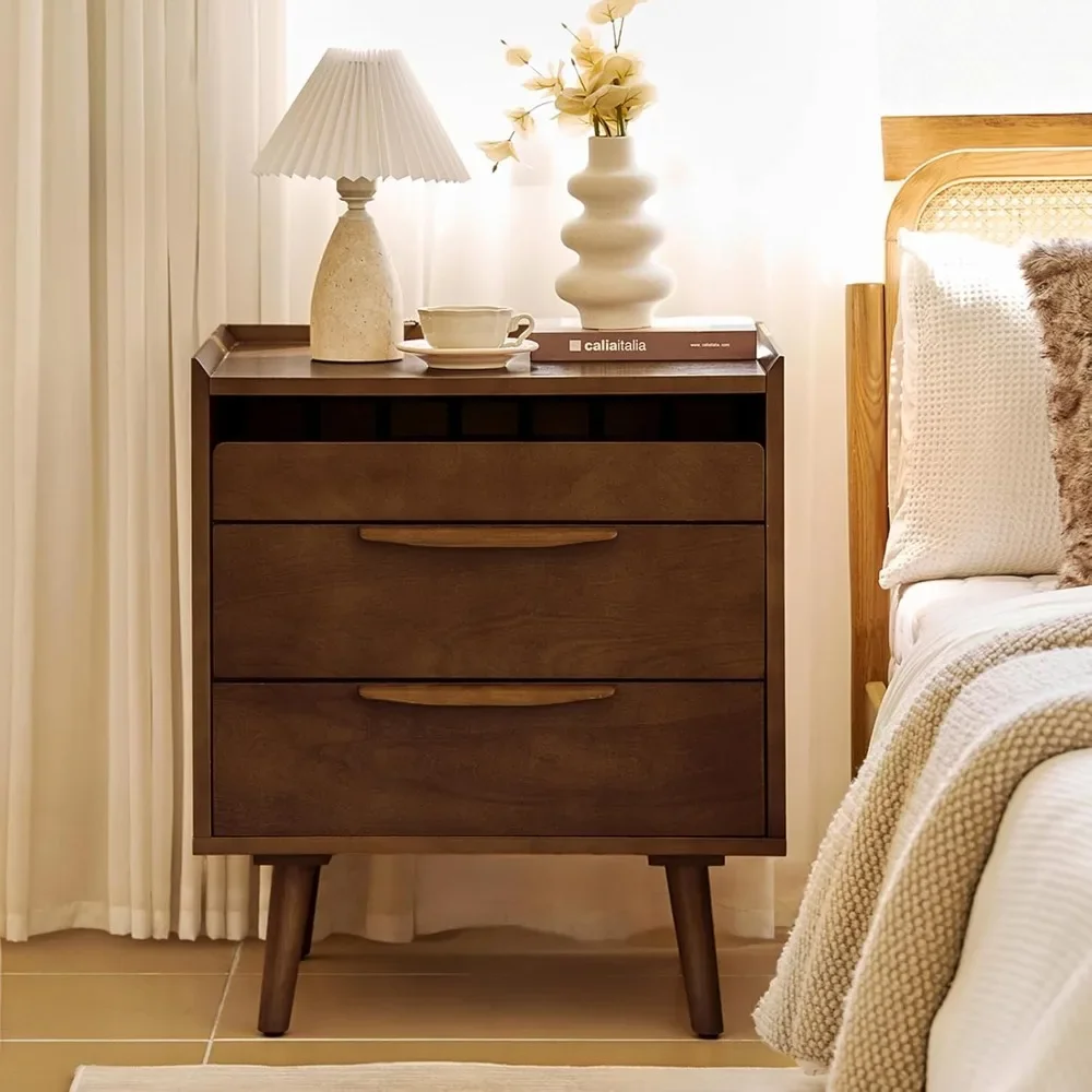 

2 Drawer Nightstand with Charging Station, Mid-Century Modern Bedside Tables with Wood Legs