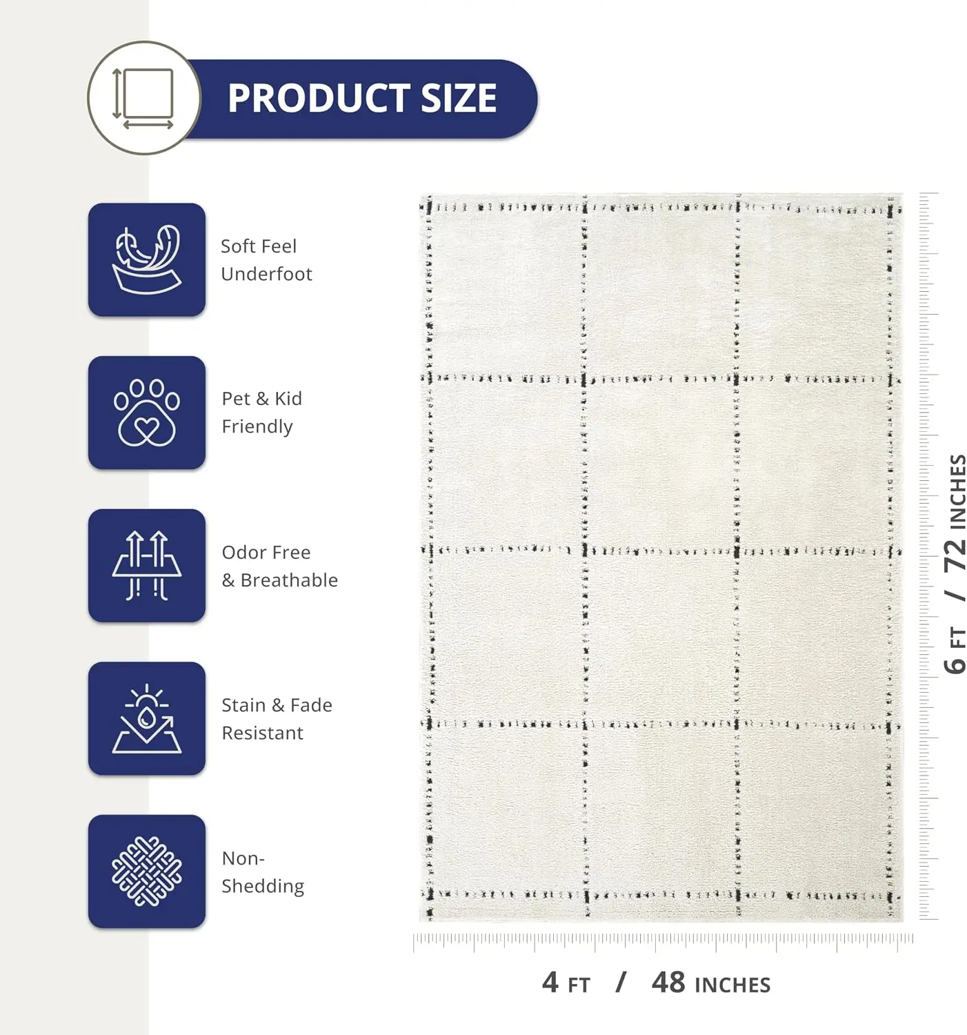 Cream Area Rug 4' x 6' – Grid Pattern, Non-Shedding & Easy to Clean – Pet and Child Friendly for Living Room, Bedroom, Office