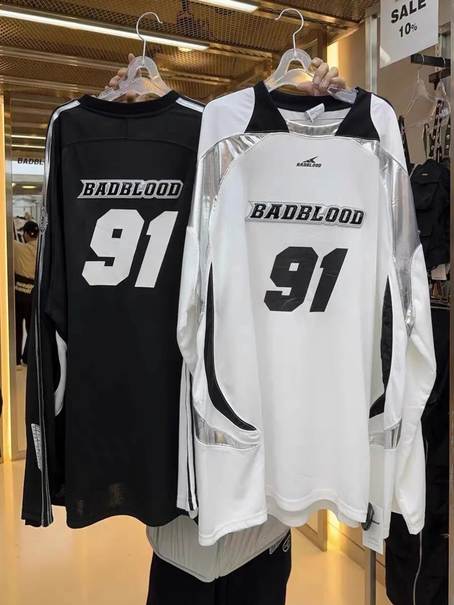 Badblo*d American Retro Sport Sle Long Sve T-shirt Letterborduurwerk Patchwork Loose Fit Ball Jersey voor dames