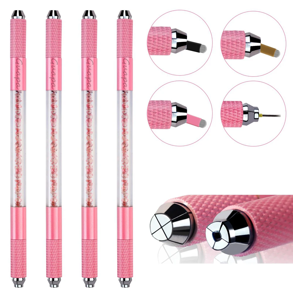 1PC Pink Microblading Double End Crystal Acrylic Tattoo Manual Pen Permanent Makeup Eyebrow Tools Use For Flat/Round Blade