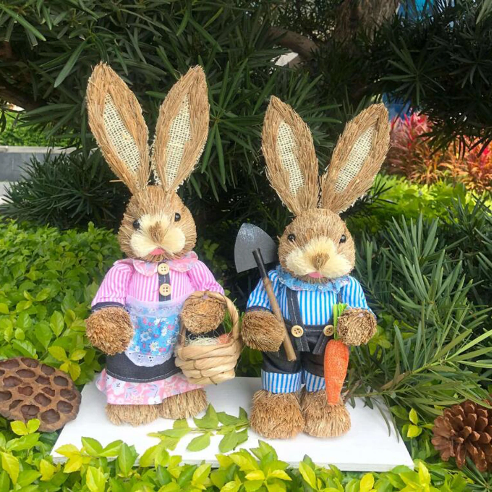 Cute Straw Rabbit Bunny Easter Straw Rabbit Bunny Figurine Decoration for Home Garden Ornaments Standing Easter Bunny Doll 35cm