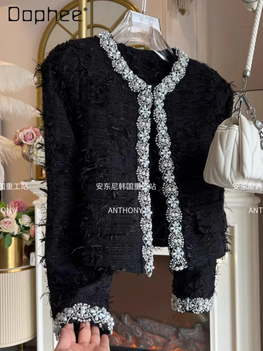 

Autumn Winter High End Light Luxury Tassel Tweed Coat Heavy Beading Rhinestone Elegant Socialite Short Woolen Coat for Women