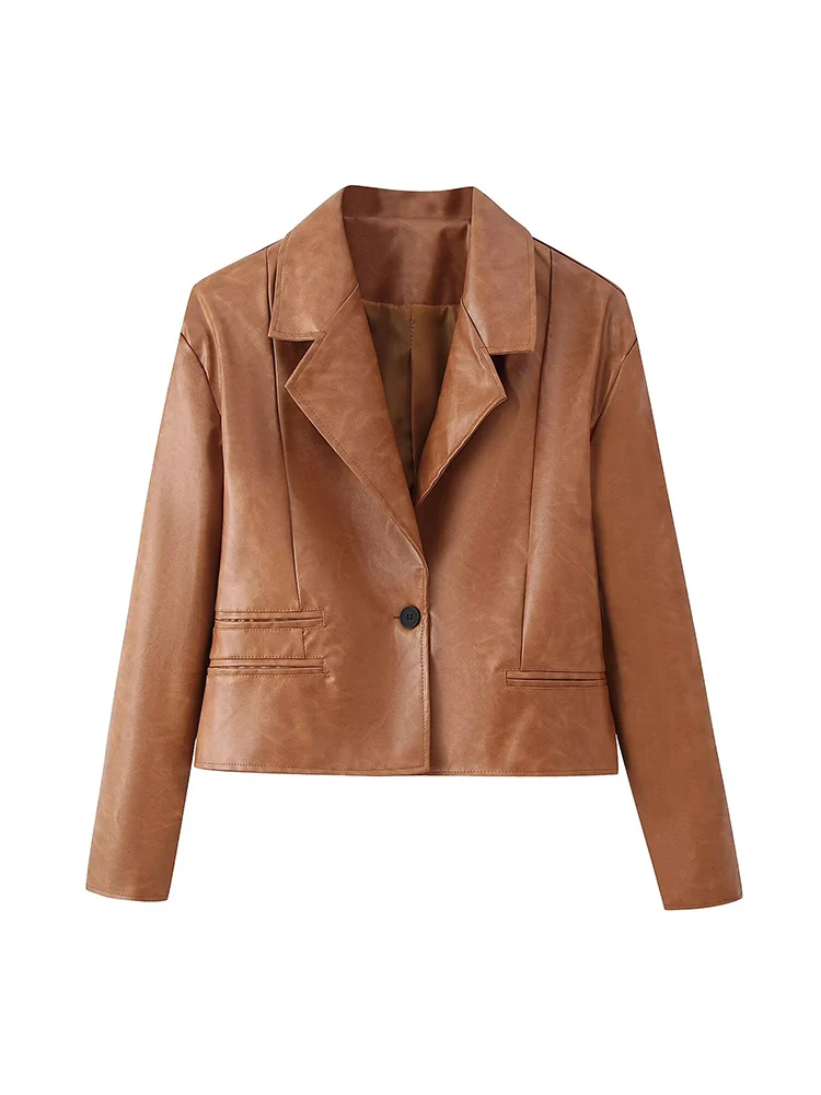 TFMLN Women Leather Suit Coat Lapel Single Button Jacket Slim Fit Retro Fashin Female Faux Pu Blazer Lady High Street Jacket