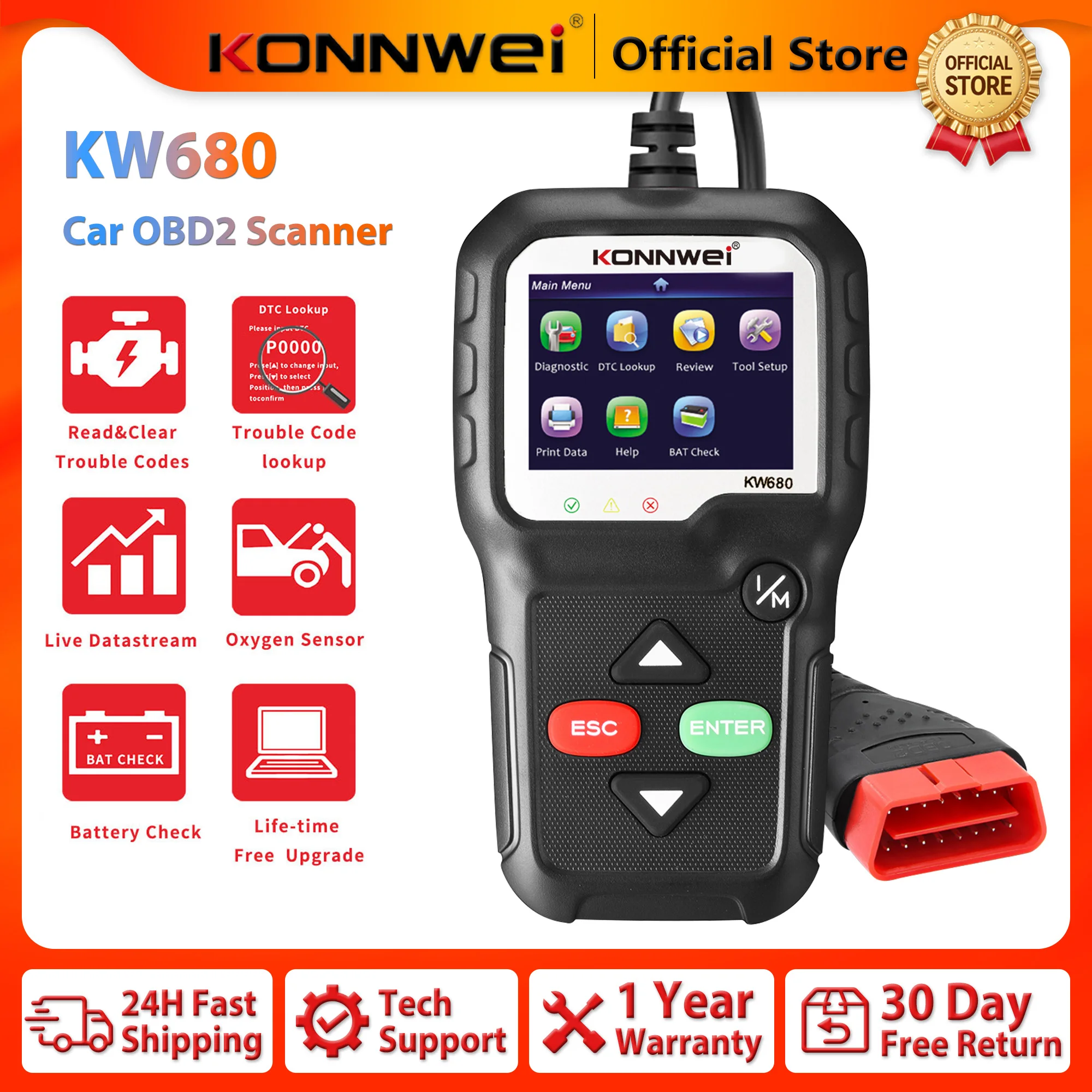 KONNWEI KW680 Car OBD2 Scanner Diagnostic Tool Read Cllear Code Reader DTC Lookup O2 Sensor Test Live Data OBDII Scanner Car DIY