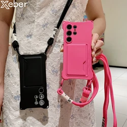 Luxury Crossbody Lanyard Strap Original Silicone Card Holder Case For Samsung S25 S23 S24 Ultra S22 FE A54 A53 A34 Wallet Cover