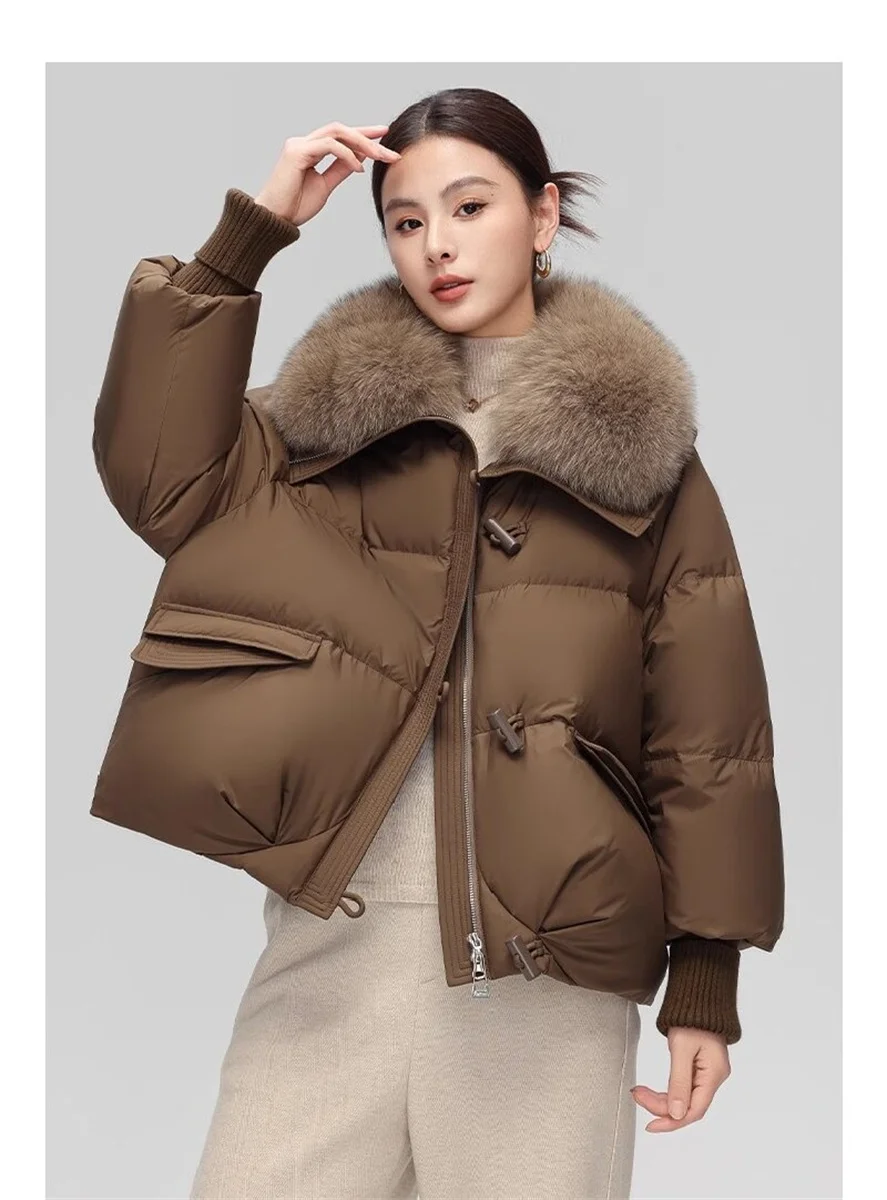 Big Hair Lapel Down Cotton Jacket Women Overcoat Winter New Short Cold-Proof Bread Suit Thick Warm Parka Coat Cotton Coat