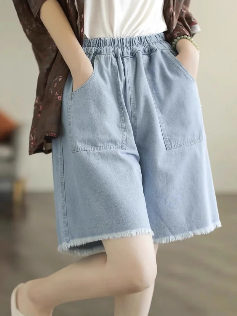 2025 Summer New Casual Loose Big Size Loose Waist Jeans Women's Denim Shorts Design Feeling Hairy Edge Wide Leg Pants w114