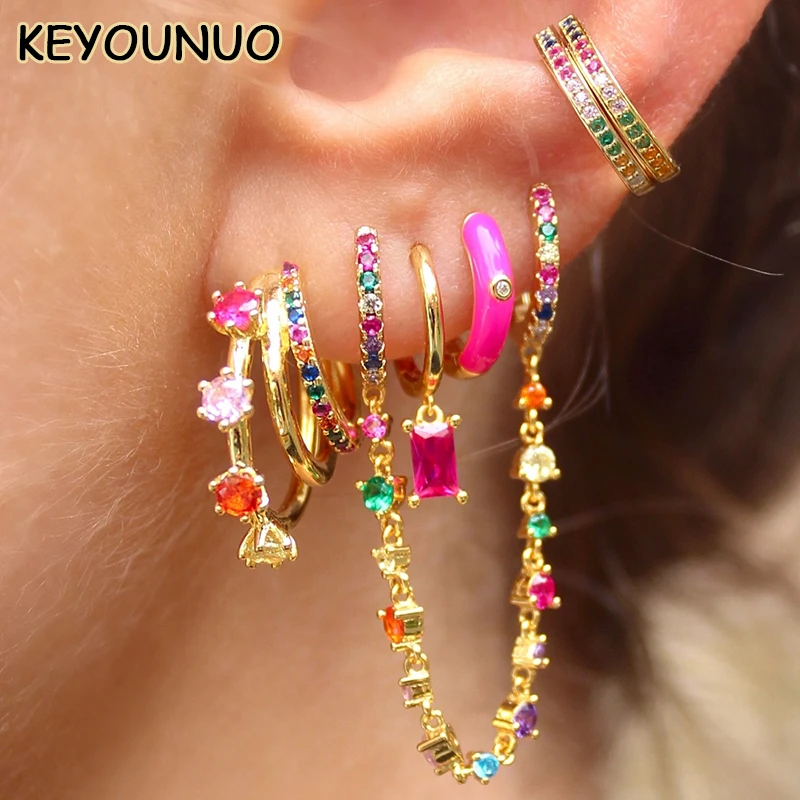 KEYOUNUO Gold Gefüllt Stud Ohrringe Set Für Frauen Ohr Manschetten Bunte Zirkon Baumeln Hoop Ohrringe Fashion Party Schmuck Großhandel