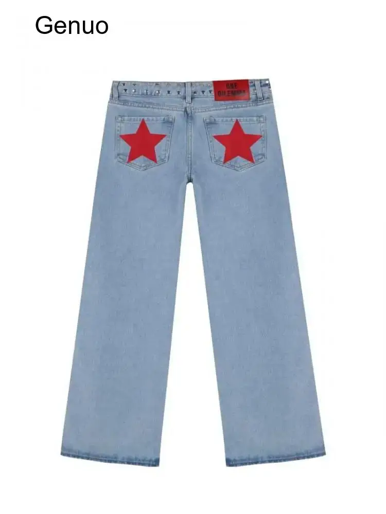 2026 Star Print Back Pocket Denim Jeans Wide Leg Silhouette High Waist Relaxed Fit Y2K Streetwear Style