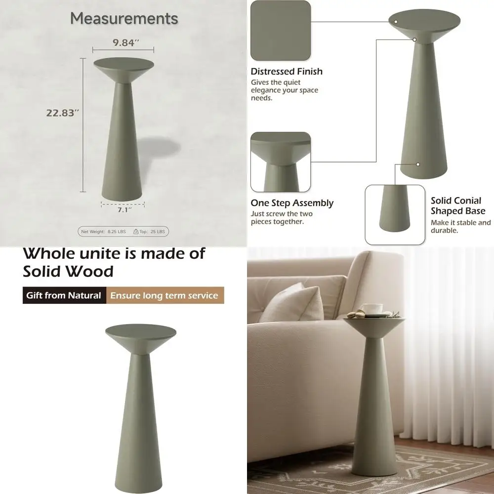 Sage Green Tall Pedestal End Table, Solid Wood Plant Stand, Ideal for Small Spaces, Living Room Accent