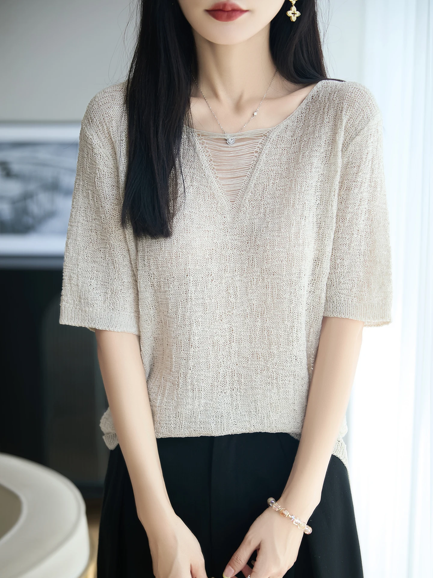 2026 Women Linen Blend Links-Links Knit T-Shirt Artisanal Drop-Stitch Lace Collar Casual Tee Short Sleeve Shell Sweater Summer