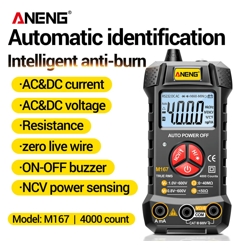 ANENG M167 Mini Smart Digital Multimeter Tranistor NCV Multi Meter AC/DC Electrical Instruments Tester with Screen Flashlight