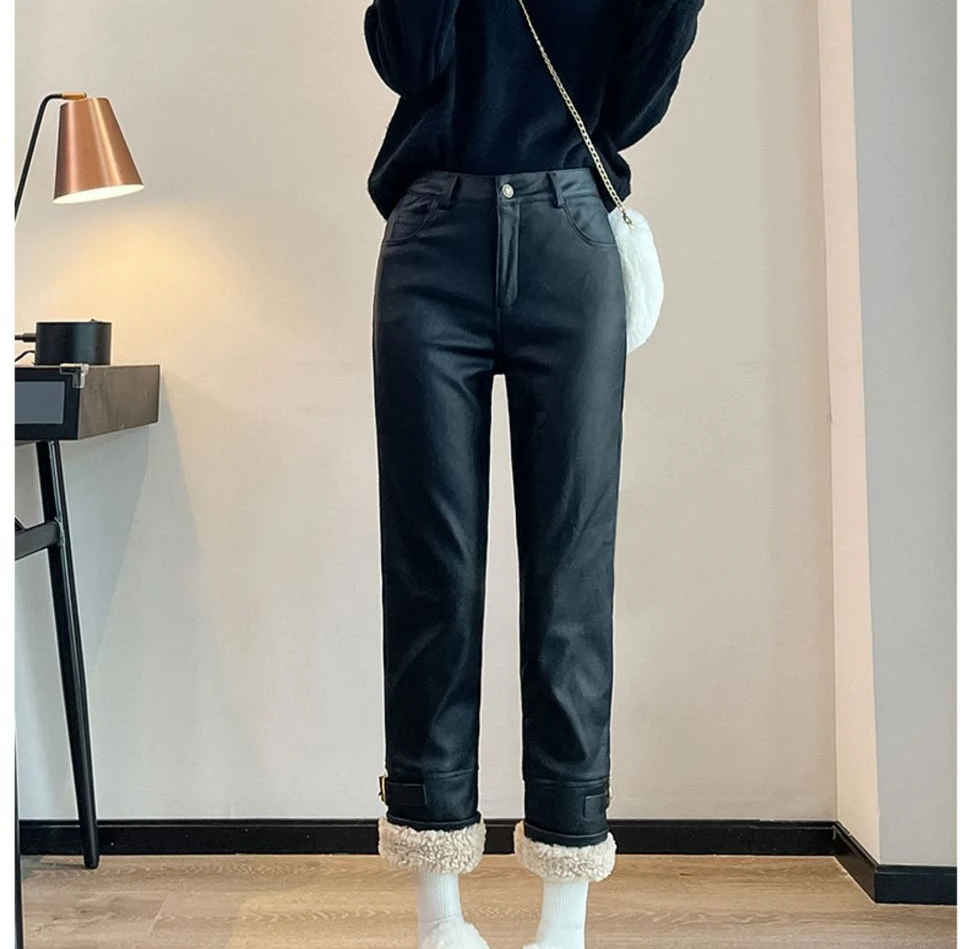 Calça grossa de couro feminina de cordeiro, cintura alta, emagrecedor, emenda, reta, moda coreana, novo, inverno, 2023