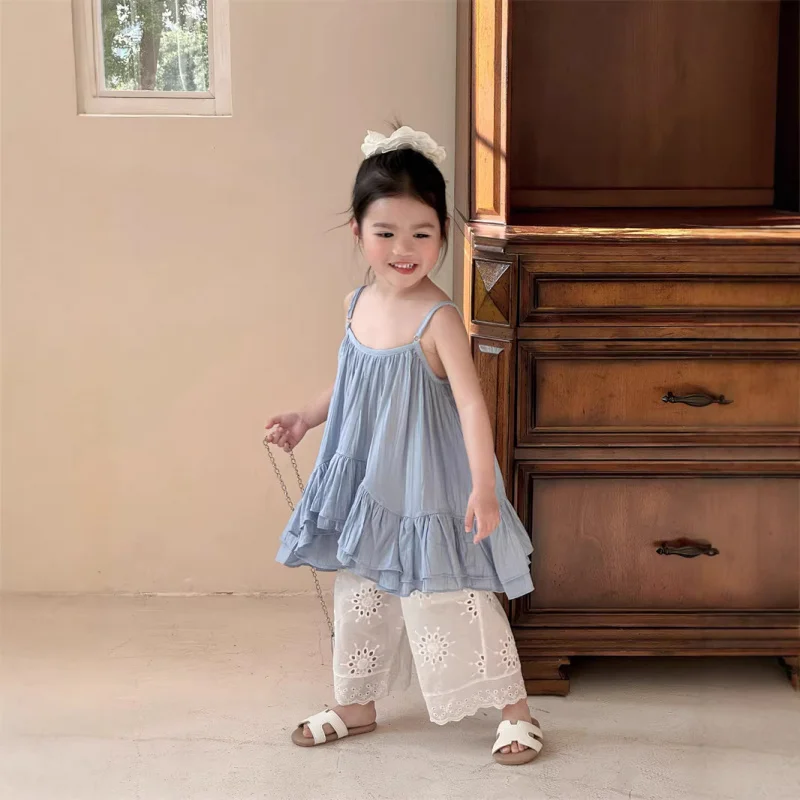 Girls' summer suspender set, unique and super stylish, lace long pants, children's lightweight luxury niche high-end two-piece s