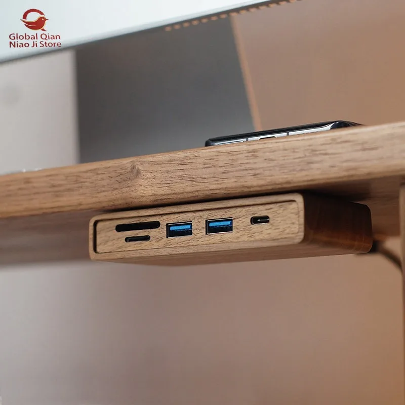 Black Walnut Solid Wood Under-Desk USB 3.0 Port Splitter Expansion Dock Hub Computer Monitor Riser for Dedicated Desk Accessorie